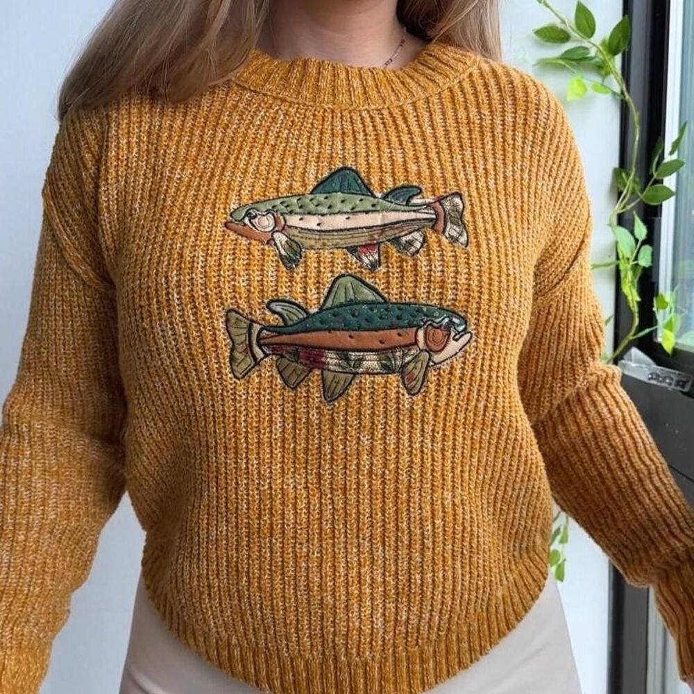 Upcycled Patchwork Embroidered Fish Mustard Yellow Knit Sweater